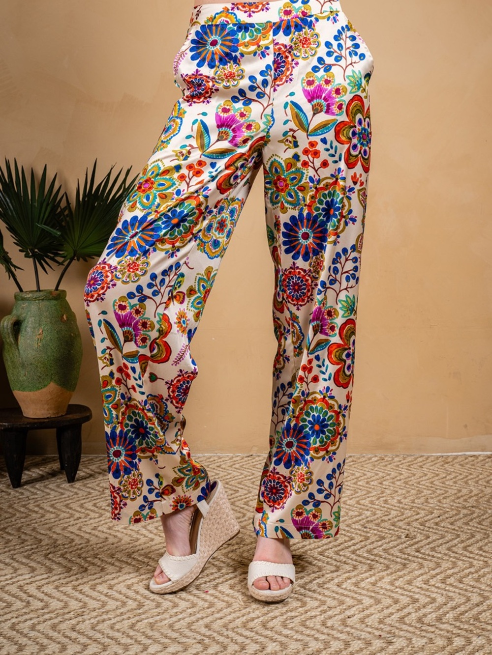 Floral Wide-Leg Pants in Cream with Multicolor Blooms